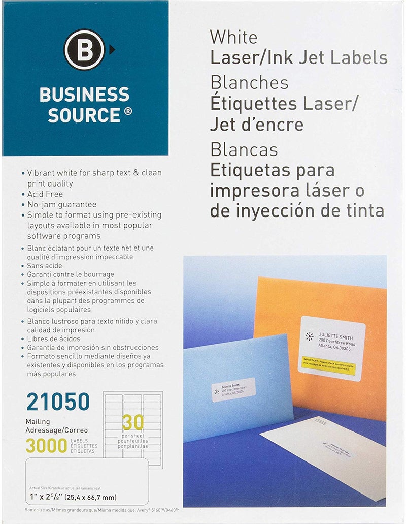 Business Source Mailing Laser Label, 1x2-5/8, 3000/PK, White, 4 Pack